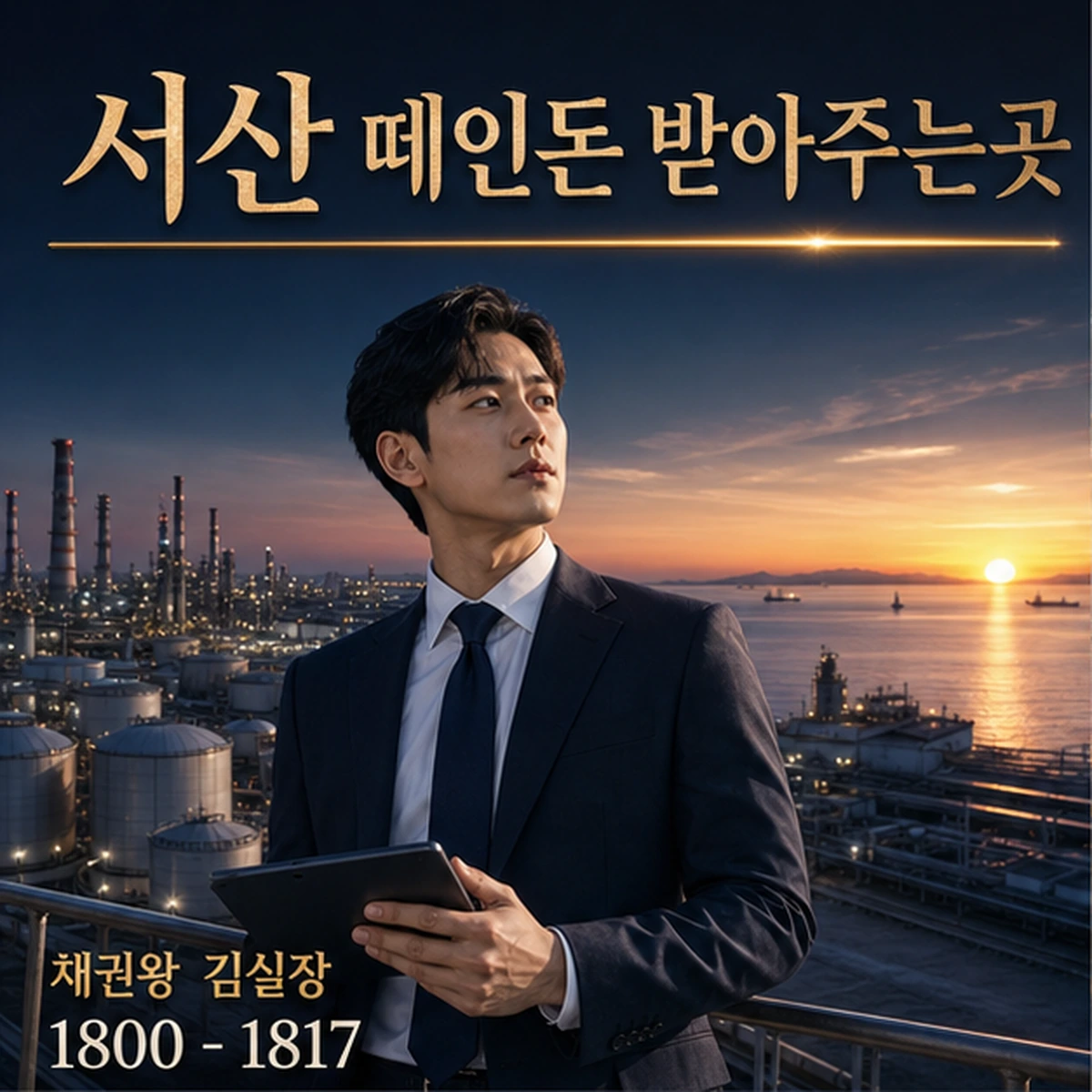 서산 떼인돈 상담을 안내하는 남성 전문가와 채권왕 브랜드 타이틀 포스터