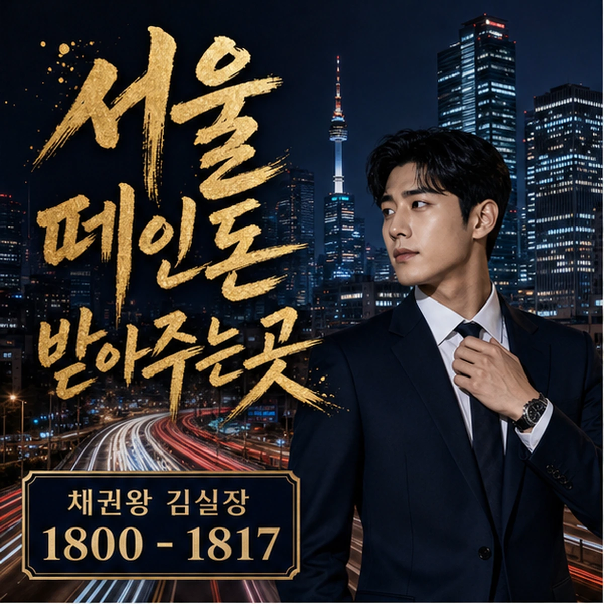 서울 떼인돈 상담을 안내하는 남성 전문가와 채권왕 브랜드 타이틀 포스터