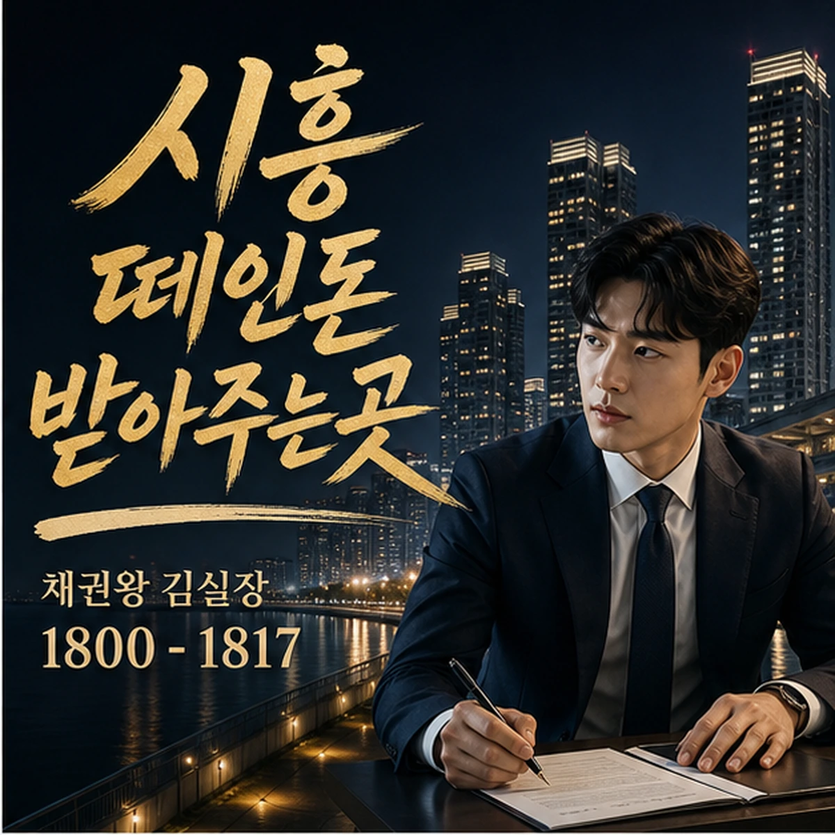 시흥 떼인돈 상담을 안내하는 남성 전문가와 채권왕 브랜드 타이틀 포스터
