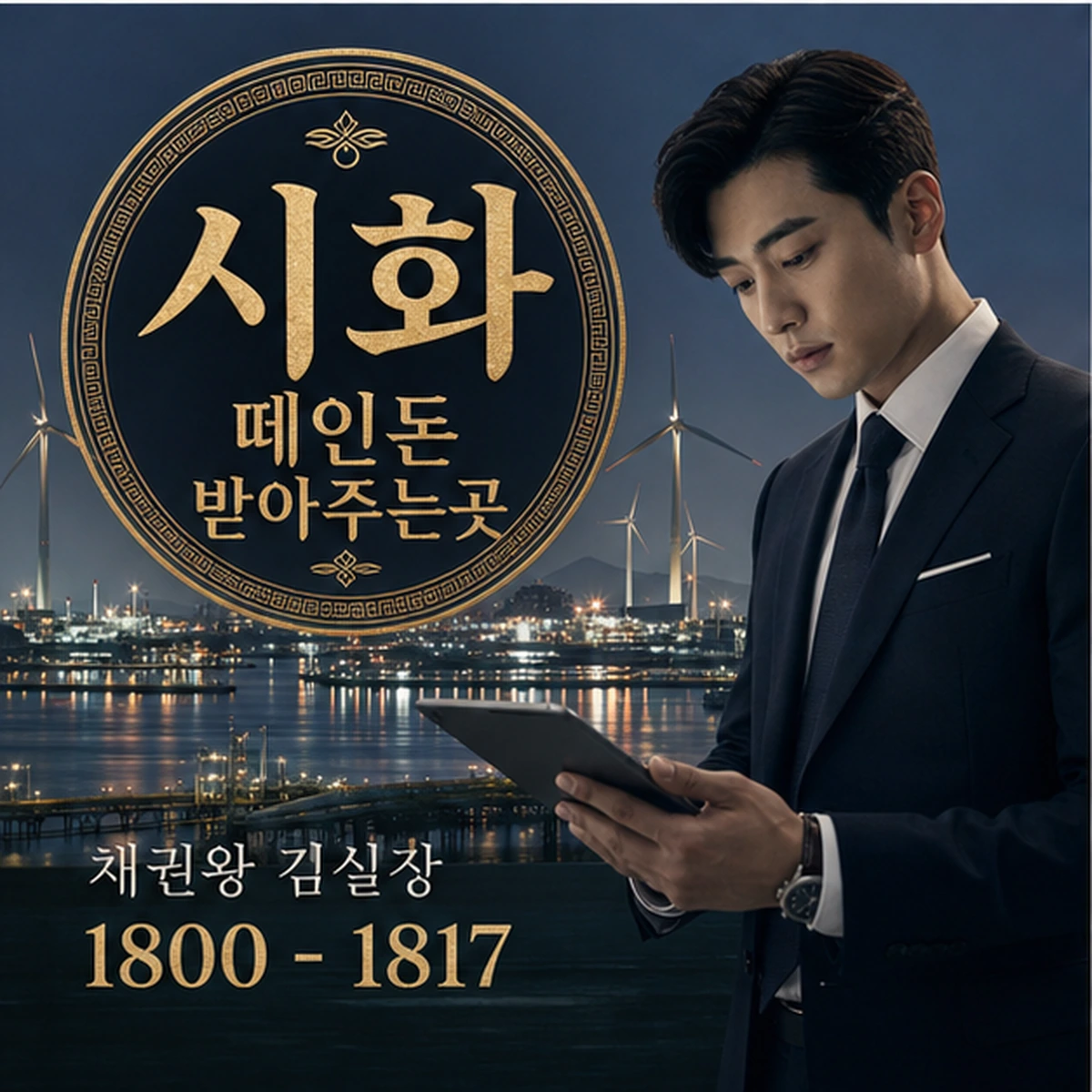 시화 떼인돈 상담을 안내하는 남성 전문가와 채권왕 브랜드 타이틀 포스터