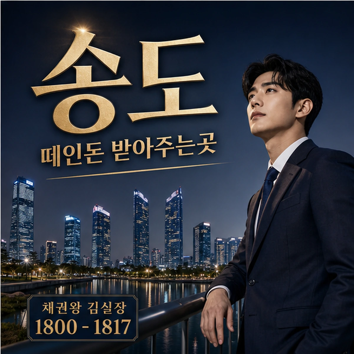 송도 떼인돈 상담을 안내하는 남성 전문가와 채권왕 브랜드 타이틀 포스터