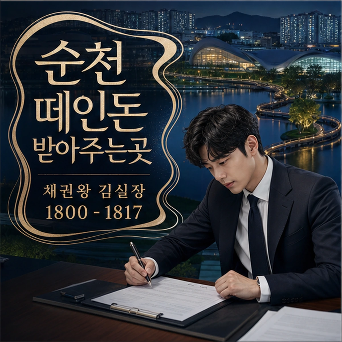 순천 떼인돈 상담을 안내하는 남성 전문가와 채권왕 브랜드 타이틀 포스터