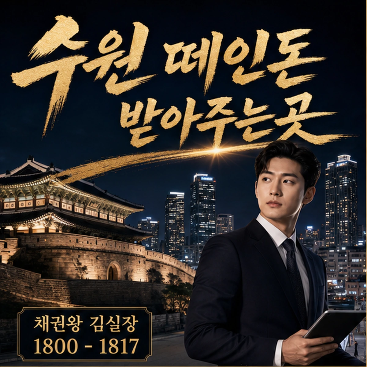 수원 떼인돈 상담을 안내하는 남성 전문가와 채권왕 브랜드 타이틀 포스터
