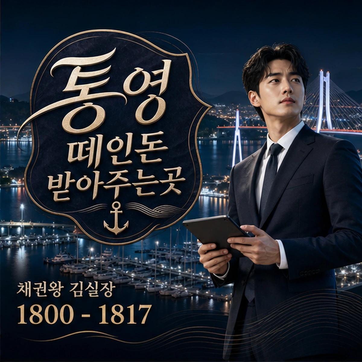 통영 떼인돈 상담을 안내하는 남성 전문가와 채권왕 브랜드 타이틀 포스터