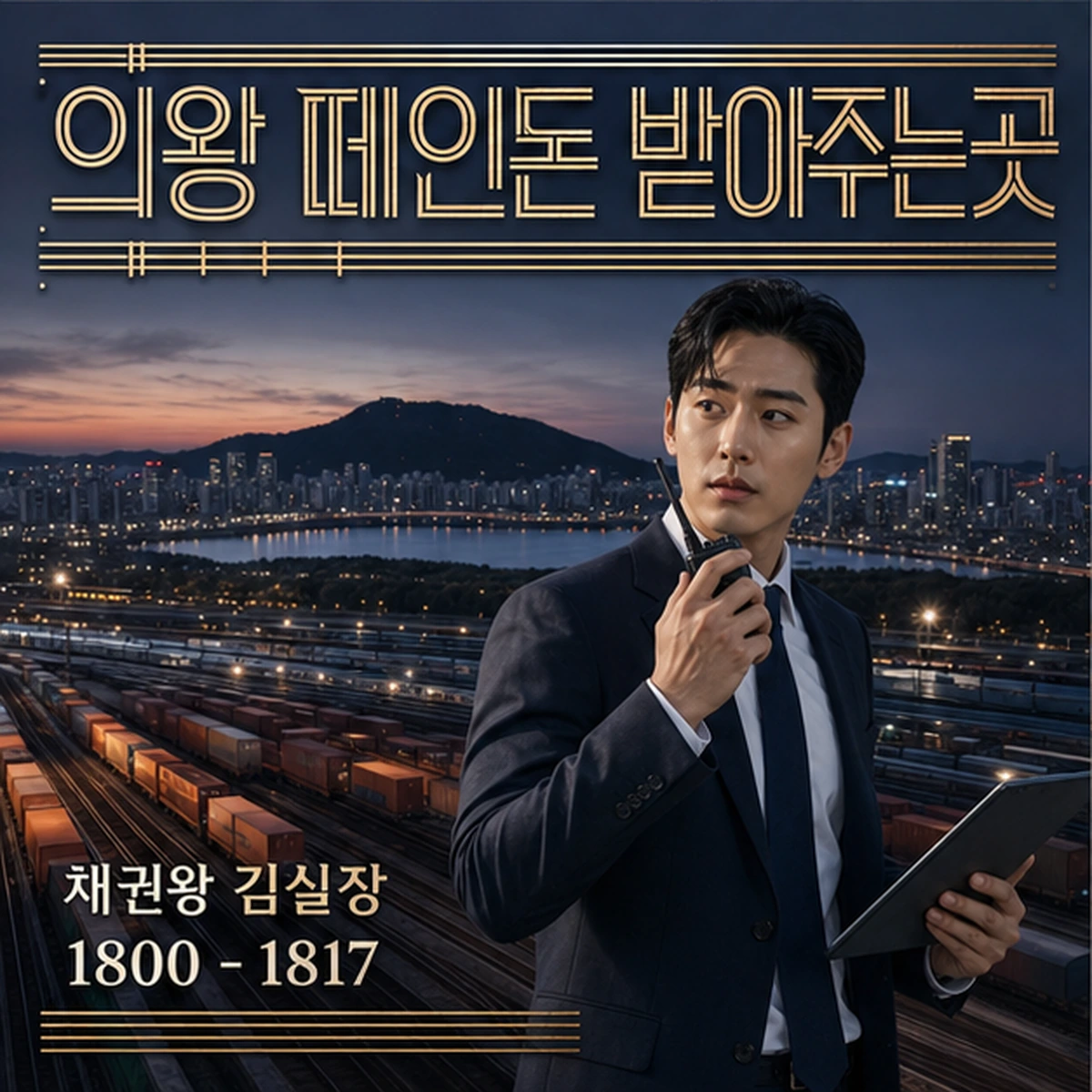 의왕 떼인돈 상담을 안내하는 남성 전문가와 채권왕 브랜드 타이틀 포스터