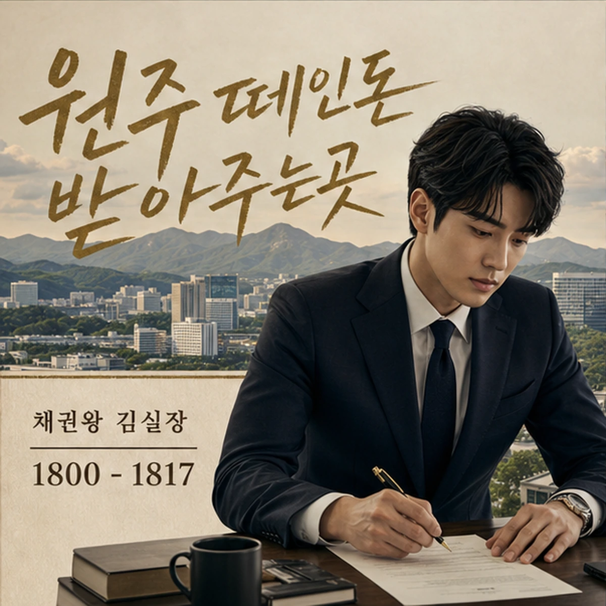 원주 떼인돈 상담을 안내하는 남성 전문가와 채권왕 브랜드 타이틀 포스터