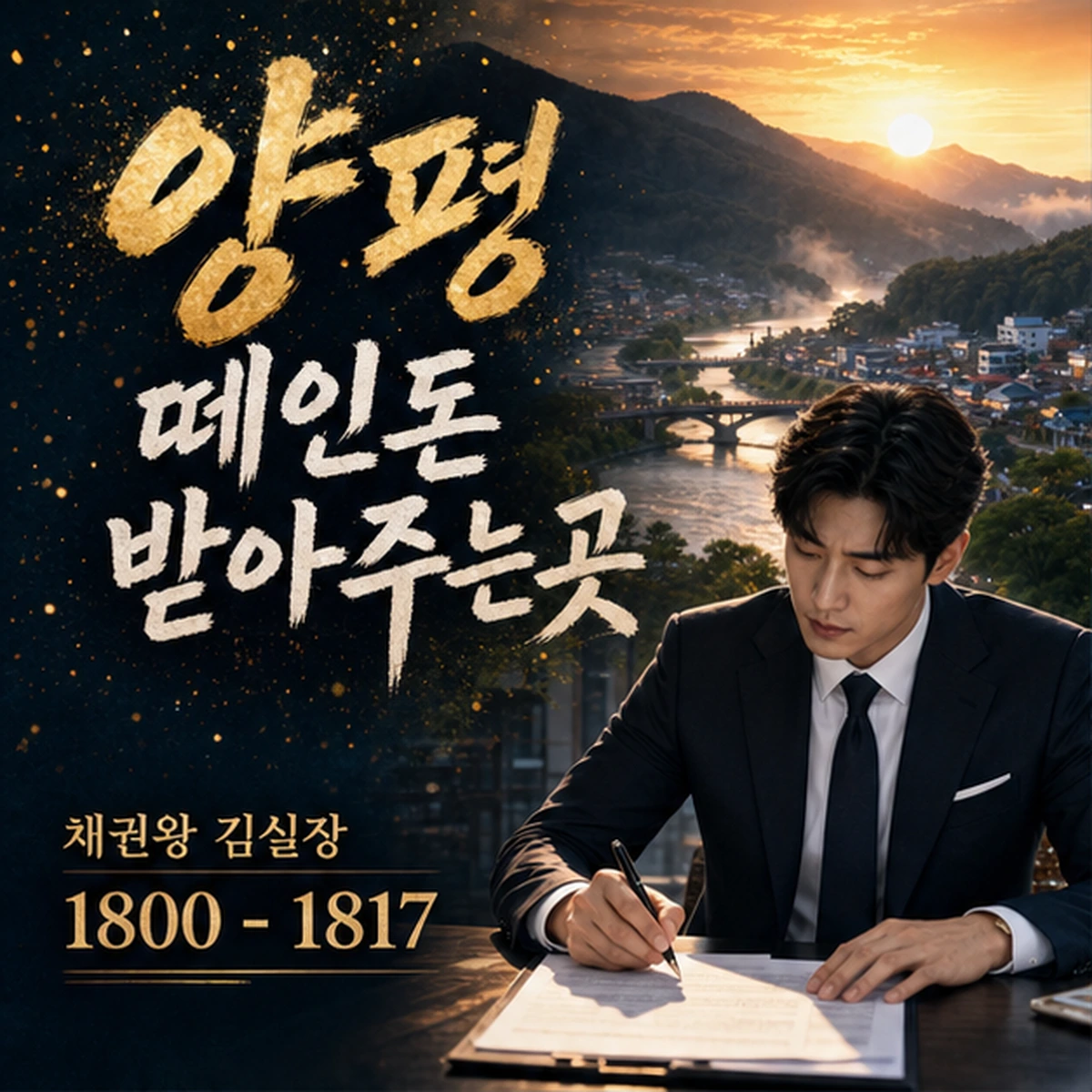 양평 떼인돈 상담을 안내하는 남성 전문가와 채권왕 브랜드 타이틀 포스터