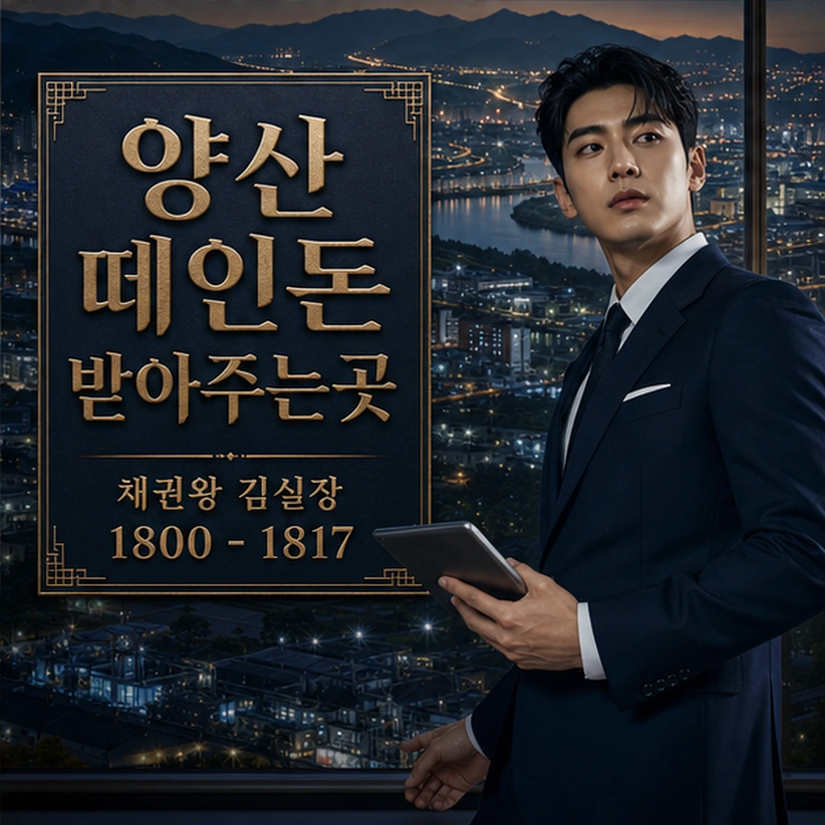 양산 떼인돈 상담을 안내하는 남성 전문가와 채권왕 브랜드 타이틀 포스터