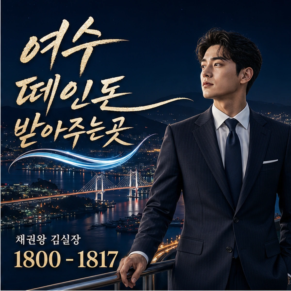 여수 떼인돈 상담을 안내하는 남성 전문가와 채권왕 브랜드 타이틀 포스터