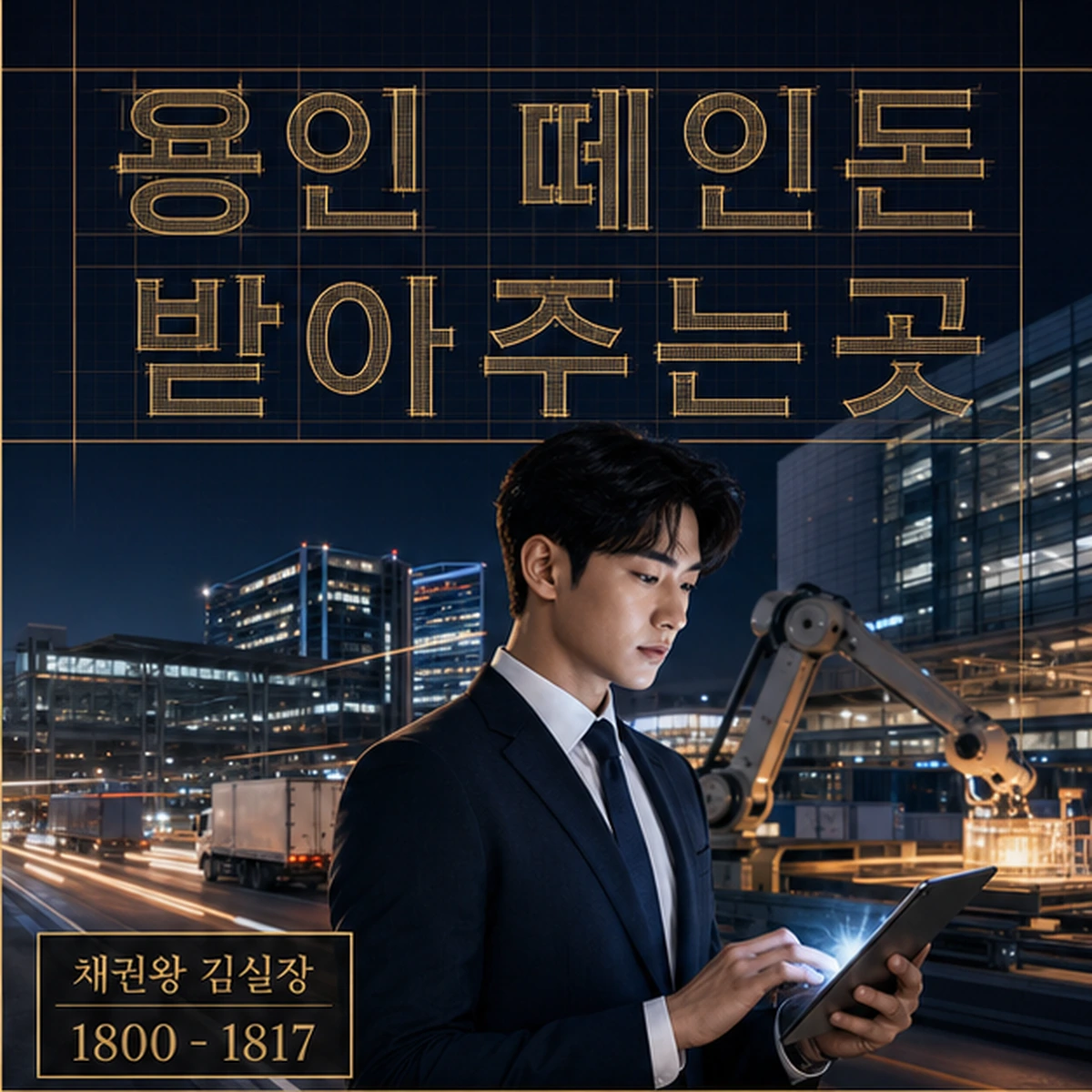 용인 떼인돈 상담을 안내하는 남성 전문가와 채권왕 브랜드 타이틀 포스터